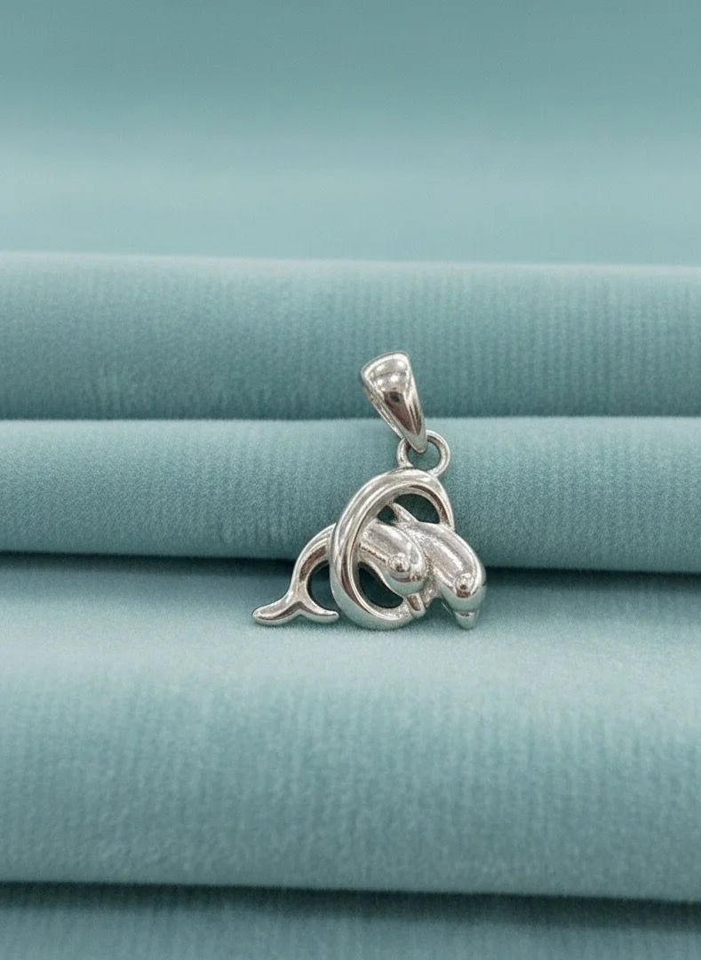 Silver dolphin pendant on a light blue fabric background