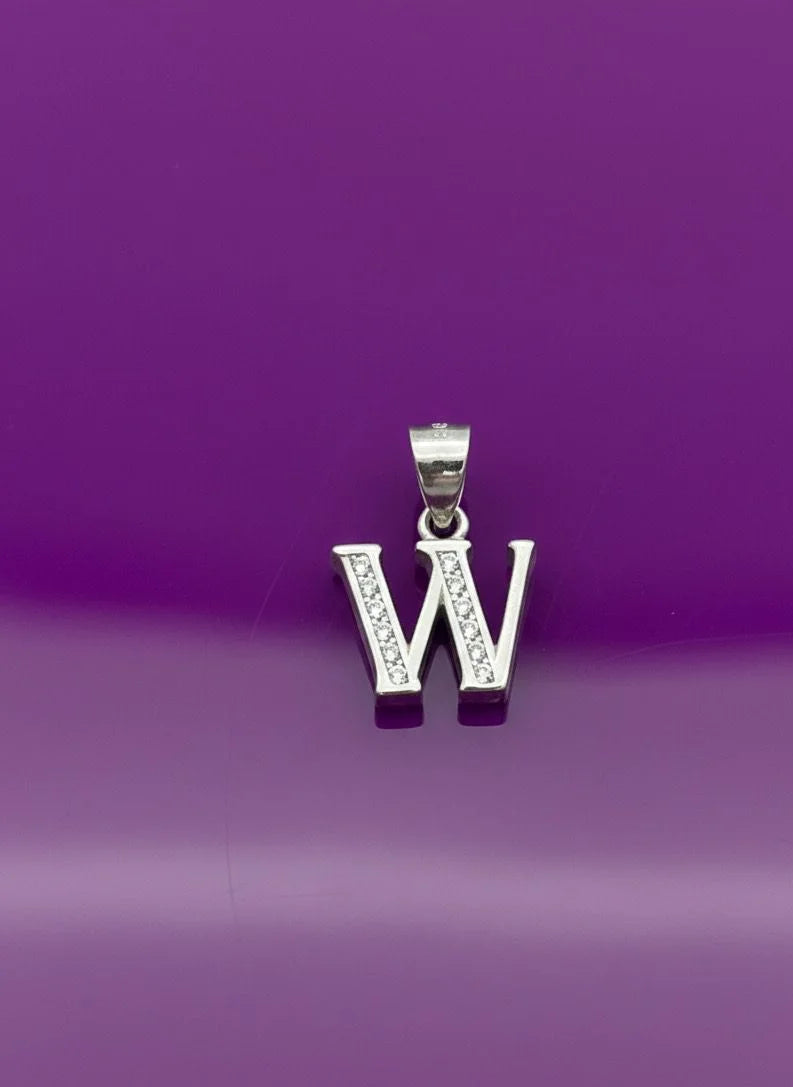 Silver 'W' pendant with purple accents on a purple background