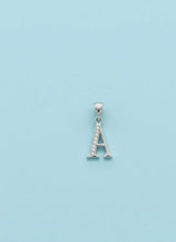 Silver letter 'A' pendant on a light blue background