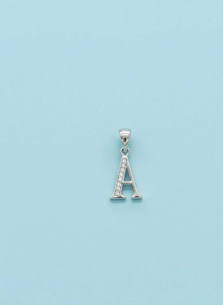 Silver letter 'A' pendant on a light blue background