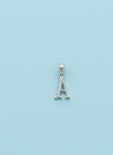 Silver letter 'A' pendant on a light blue background