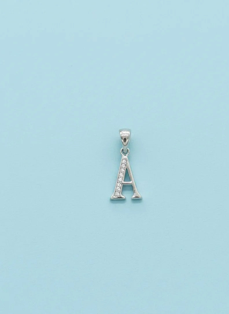 Silver letter 'A' pendant on a light blue background