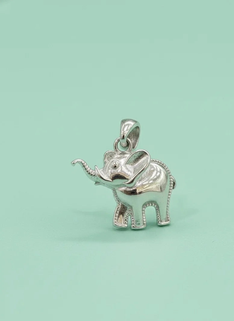 Silver elephant pendant on a light green background