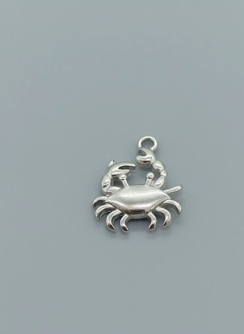 Silver crab charm on a gray background