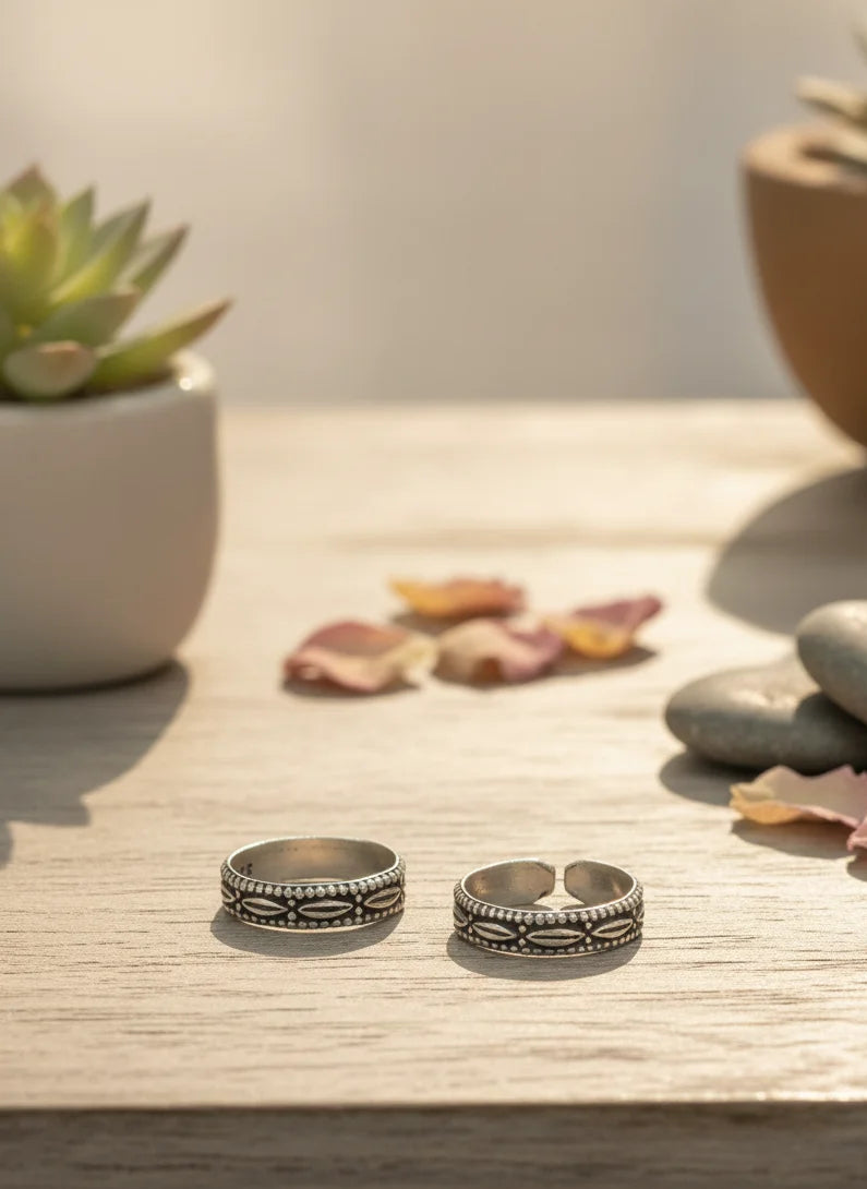 Two silver toe rings on a wooden surface with decorative elements.