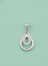 Silver teardrop pendant with embedded stones on a light green background