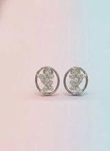 Pair of silver earrings with gemstones on a gradient background