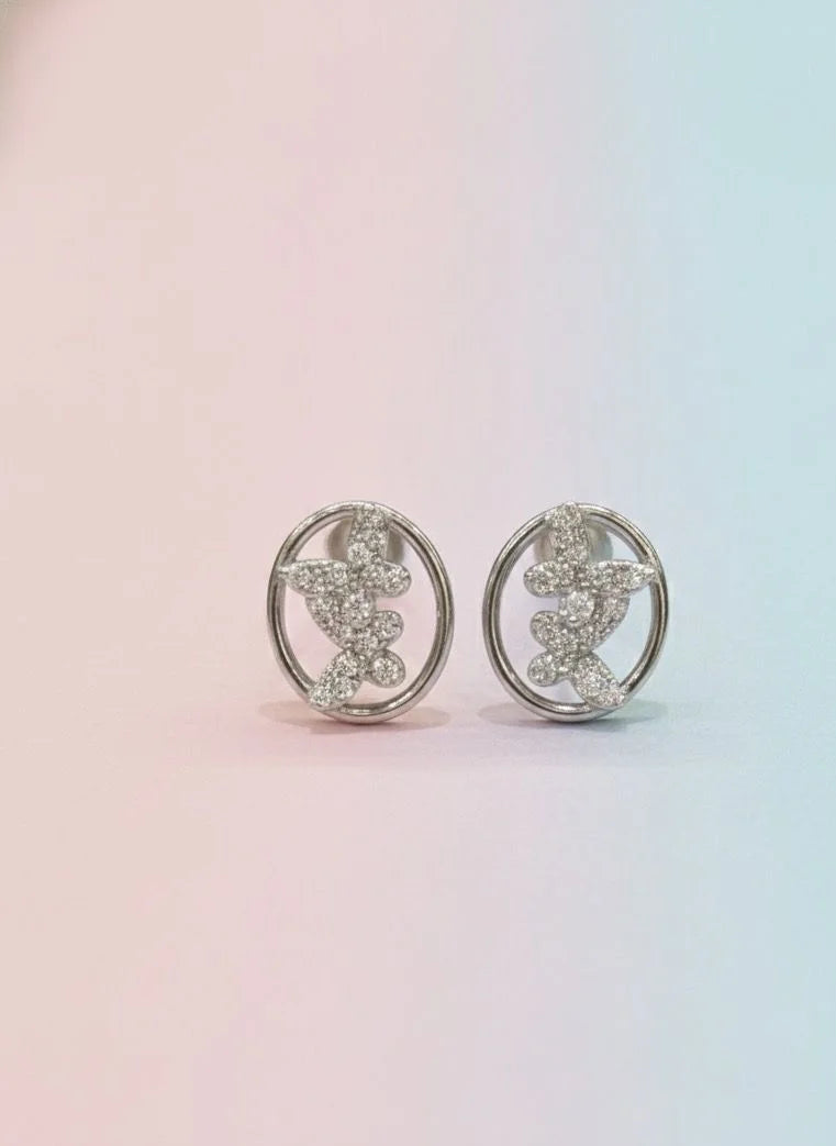 Pair of silver earrings with gemstones on a gradient background