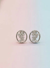Pair of silver earrings with gemstones on a gradient background