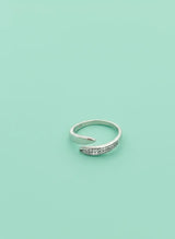 Silver ring with small stones on a light green background