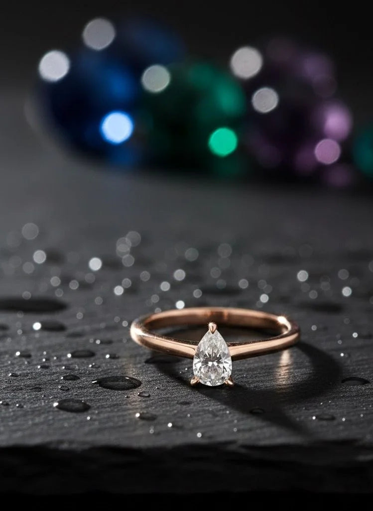 Rose gold ring with a pear-shaped diamond on a dark surface with blurred colorful background