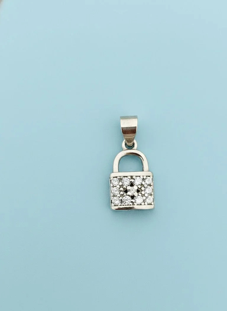 Silver padlock-shaped pendant with diamonds on a light blue background