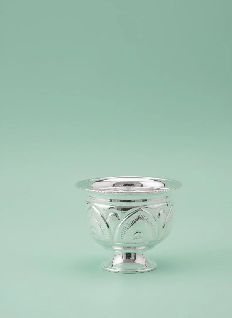Silver decorative bowl on a light green background