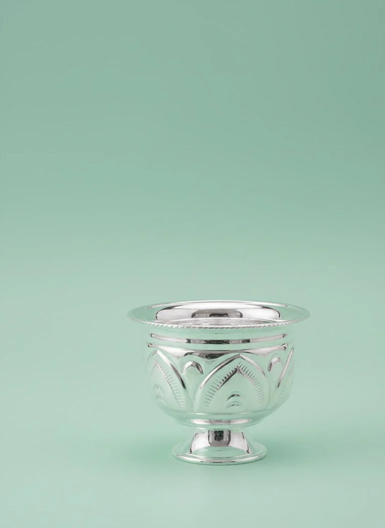 Silver decorative bowl on a light green background