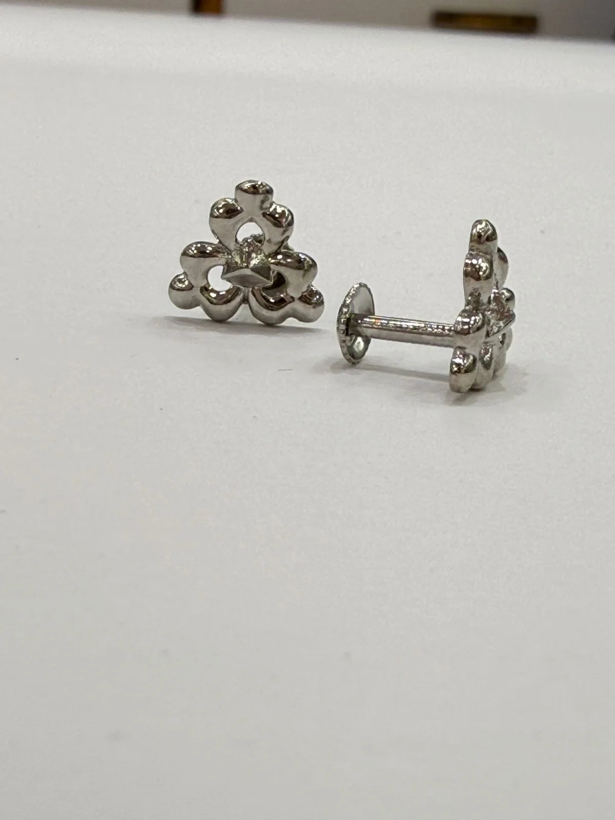 Pair of silver earrings on a white background